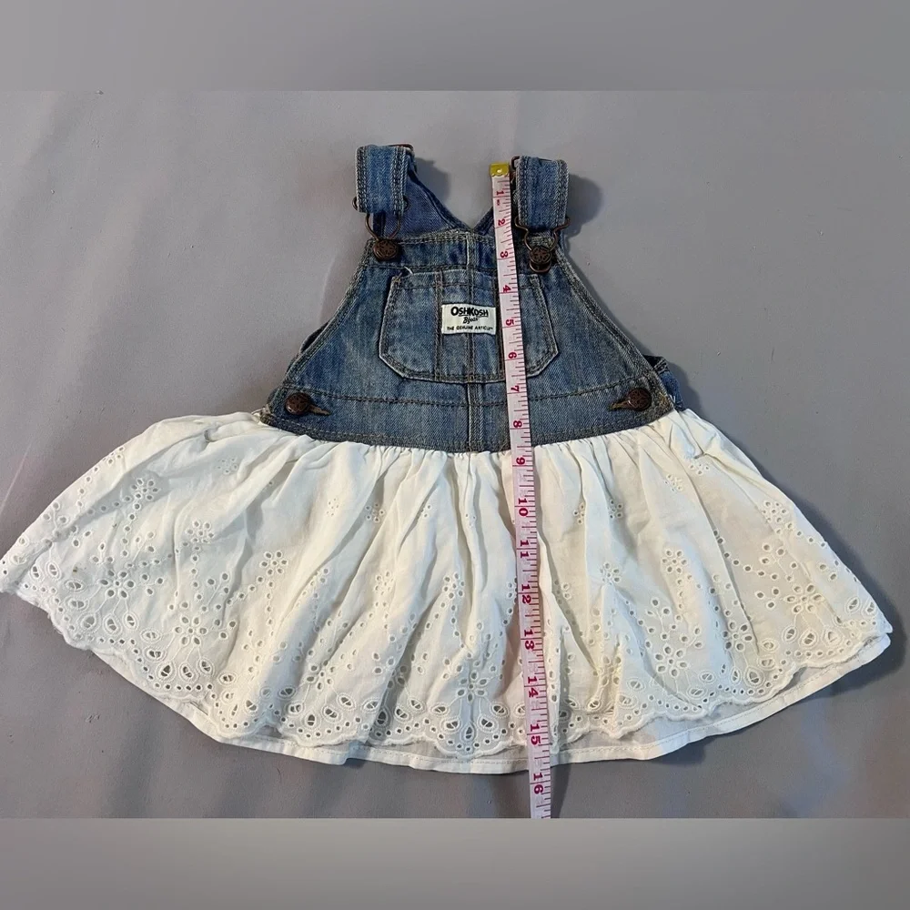 Vtg Osh Kosh Girl Bib Overalls Denim Dress Jumper White Eyelet Lace Sz 9-12 Mths